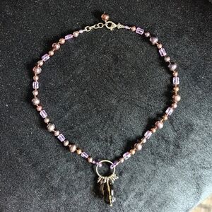 Purple Beaded Silver Pendant Statement Necklace Hand Knotted Y2K